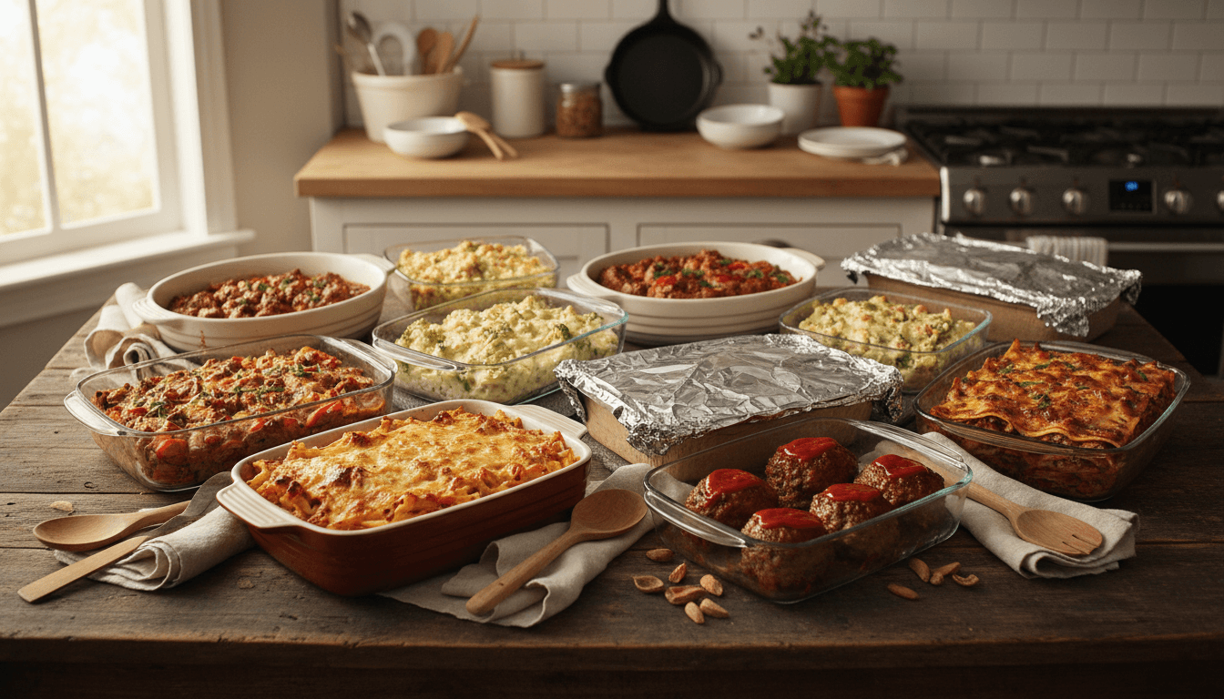 Beautiful overhead spread of homemade meals on a farmhouse table